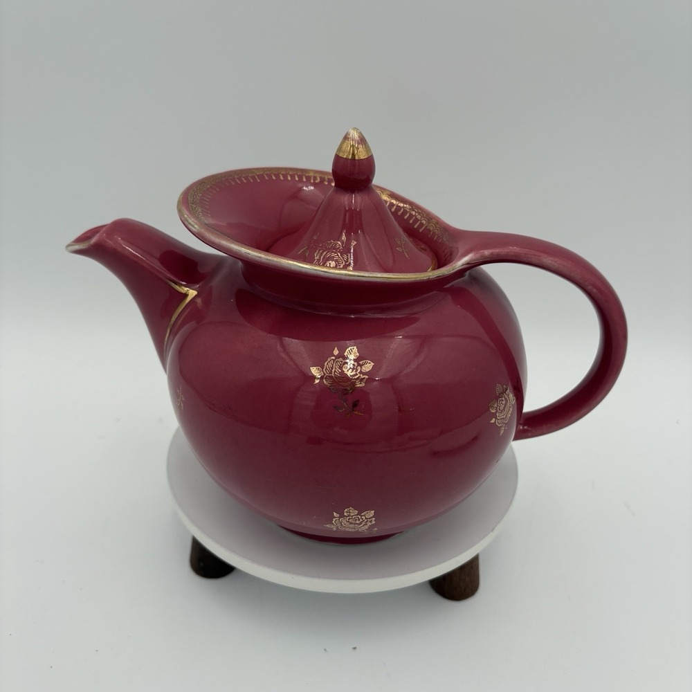 Vintage Hall "Windshield" Teapot Dusty Rose With Gold Roses 1940's 6 Cup